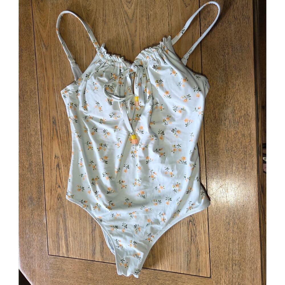 Aerie Medium Swimsuit Yellow Floral One Piece Bathing Suit Low Back Ruffles